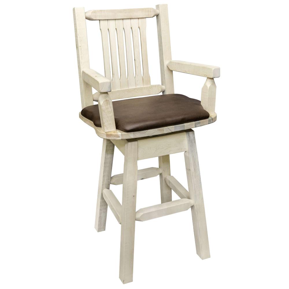 Homestead Collection Captain's Barstool w/ Back & Swivel, Clear Lacquer Finish w/ Upholstered Seat, Saddle Pattern. Picture 1