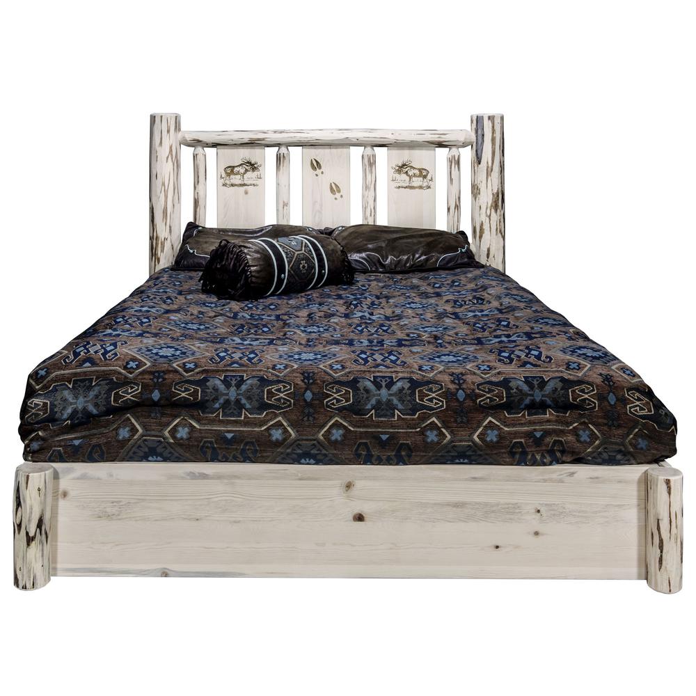 Montana Collection Platform Bed w/ Storage, California King w/ Laser Engraved Moose Design, Clear Lacquer Finish. Picture 2