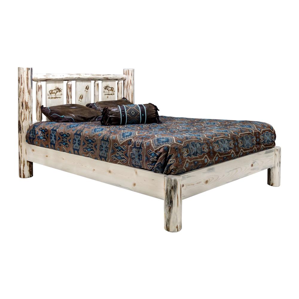 Montana Collection King Platform Bed w/ Laser Engraved Moose Design, Clear Lacquer Finish. Picture 1