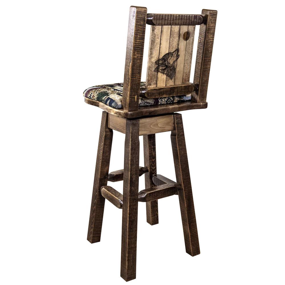 Homestead Collection Counter Height Barstool w/ Back & Swivel, Woodland Upholstery w/ Laser Engraved Wolf Design. Picture 1