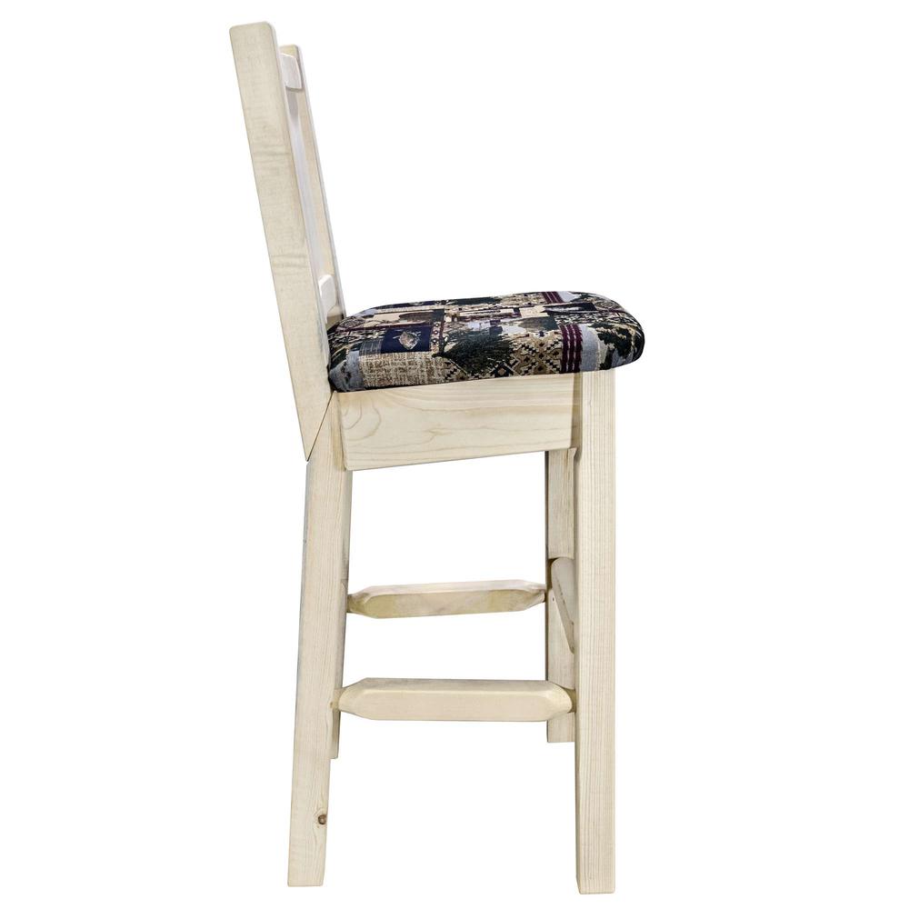 Homestead Collection Barstool w/ Back - Woodland Upholstery, w/ Laser Engraved Bear Design, Clear Lacquer Finish. Picture 5