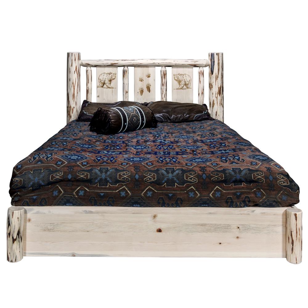 Montana Collection Platform Bed w/ Storage, California King w/ Laser Engraved Bear Design, Clear Lacquer Finish. Picture 2