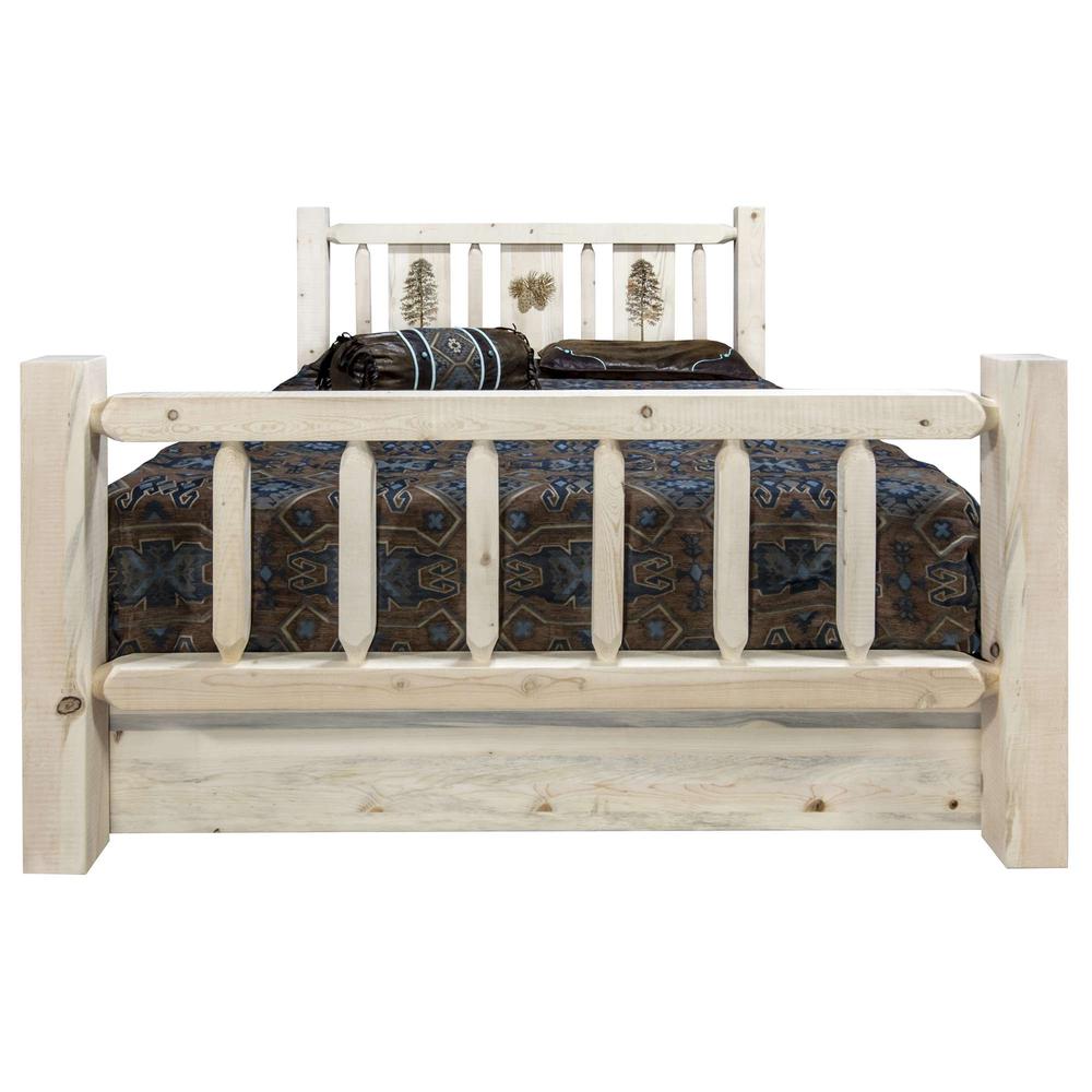Homestead Collection King Storage Bed w/ Laser Engraved Pine Design, Clear Lacquer Finish. Picture 2