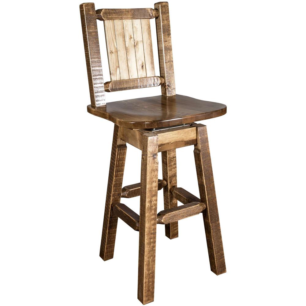 Homestead Collection Counter Height Barstool w/ Back & Swivel w/ Laser Engraved Pine Tree Design, Stain & Lacquer Finish. Picture 3