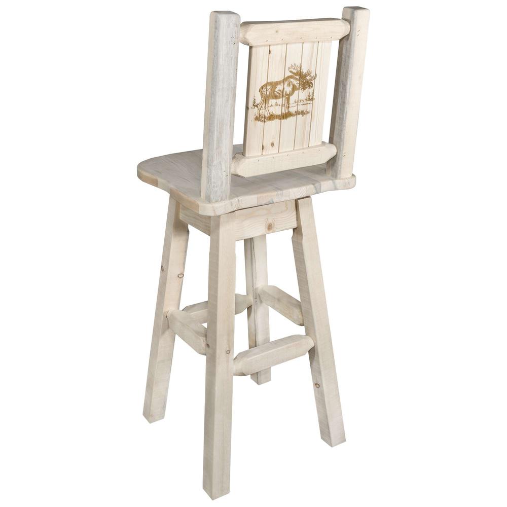 Homestead Collection Counter Height Barstool w/ Back & Swivel w/ Laser Engraved Moose Design, Clear Lacquer Finish. Picture 1