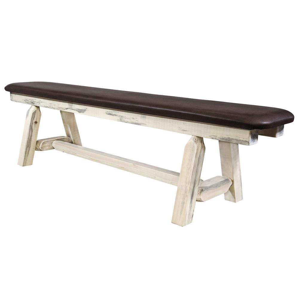 Homestead Collection Plank Style Bench, Clear Lacquer Finish,  6 Foot w/ Saddle Upholstery. Picture 3