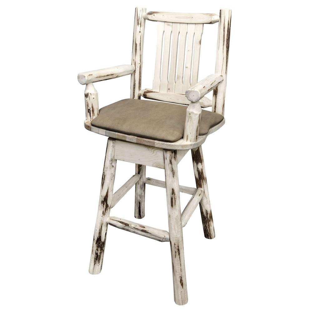 Montana Collection Captain's Barstool w/ Back & Swivel, Clear Lacquer Finish w/ Upholstered Seat, Buckskin Pattern. Picture 3