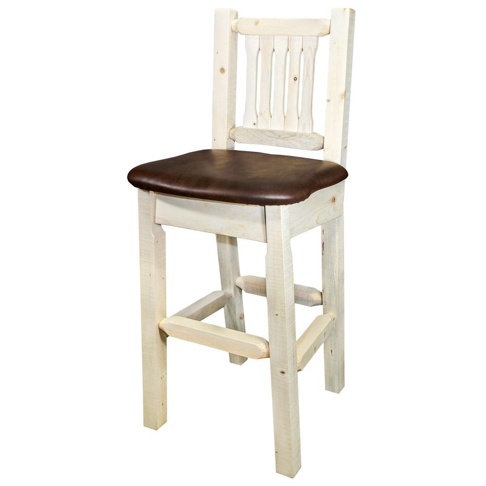 Homestead Collection Barstool w/ Back, Clear Lacquer Finish w/ Upholstered Seat, Saddle Pattern. Picture 2