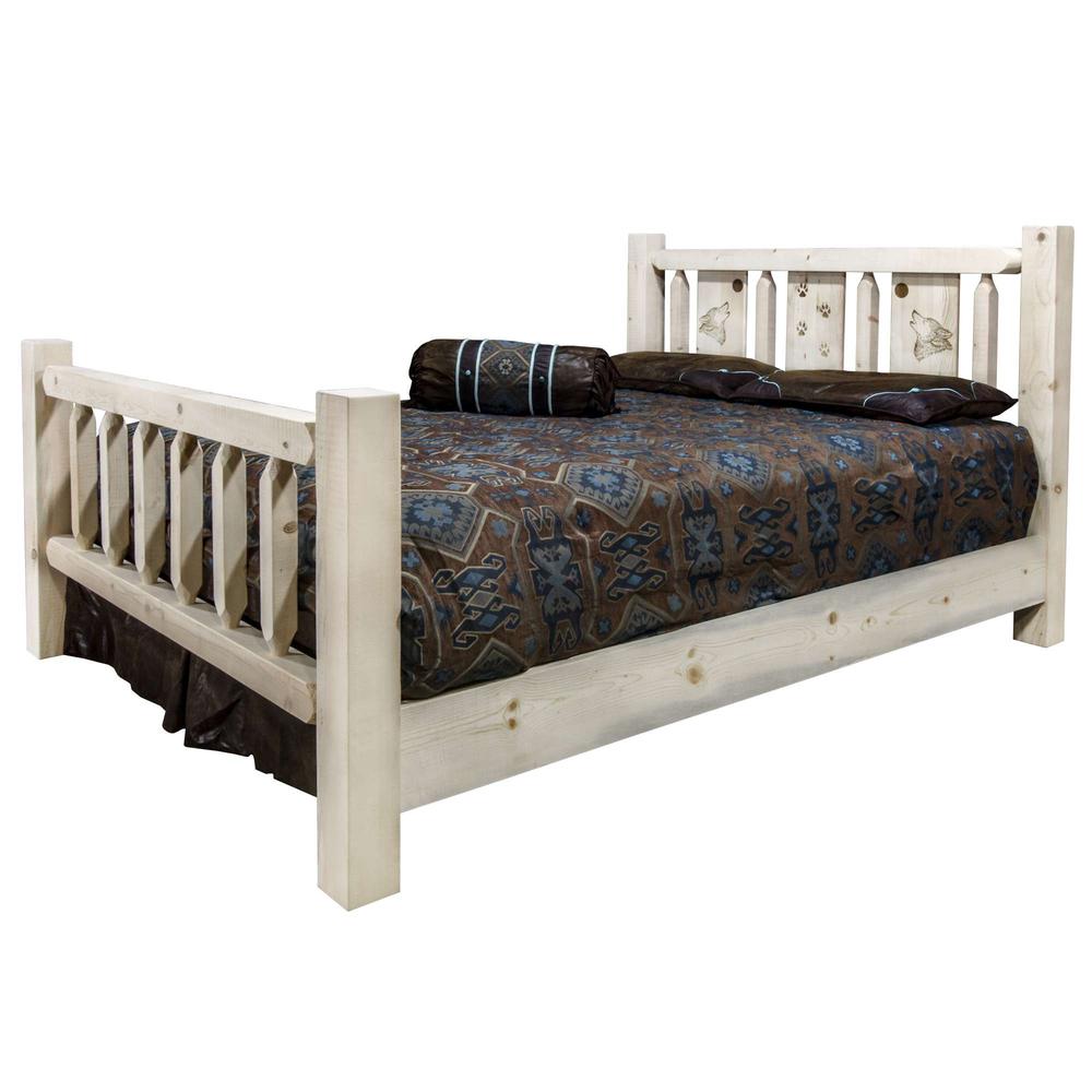 Homestead Collection King Bed w/ Laser Engraved Wolf Design, Clear Lacquer Finish. Picture 3