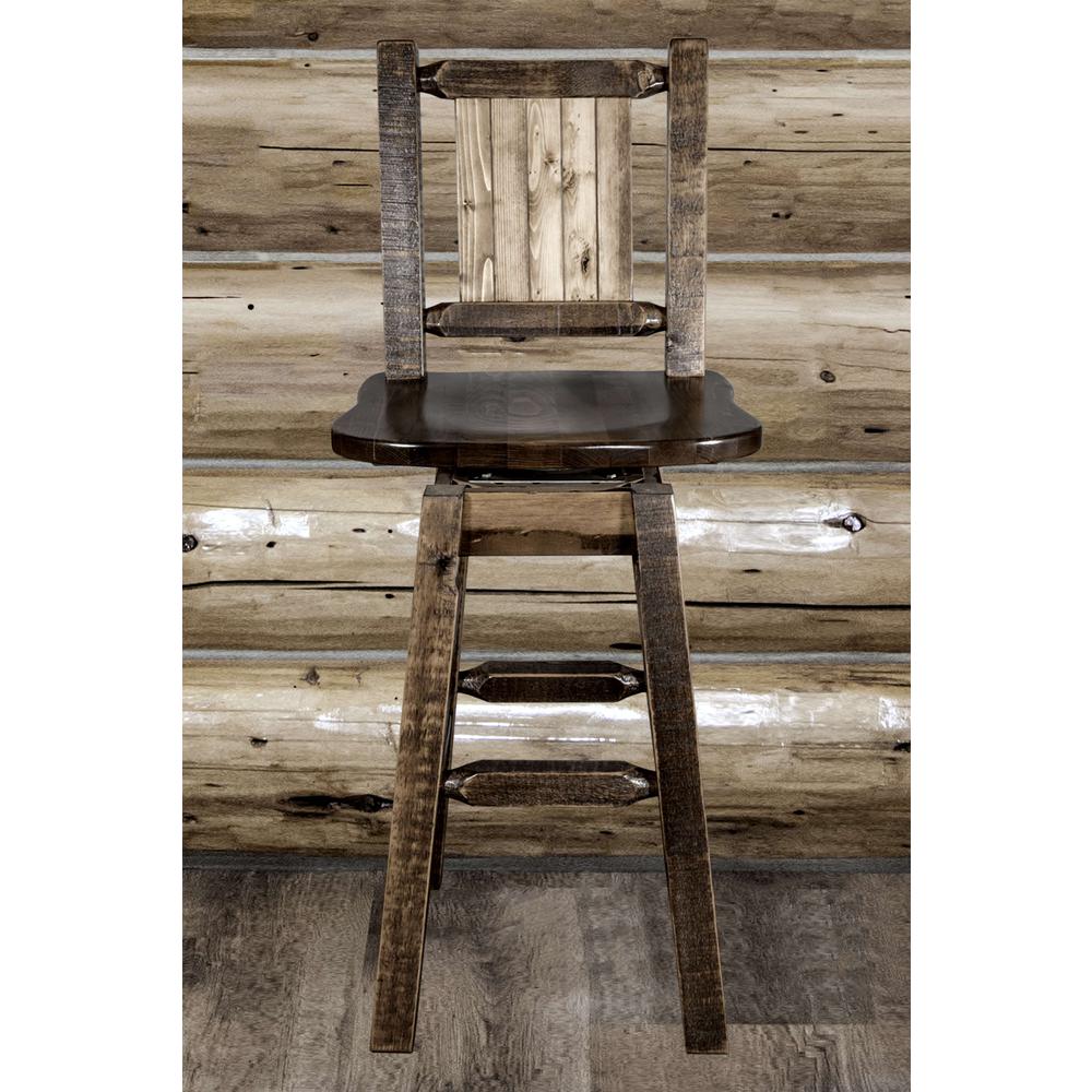 Homestead Collection Counter Height Barstool w/ Back & Swivel w/ Laser Engraved Wolf Design, Stain & Lacquer Finish. Picture 9