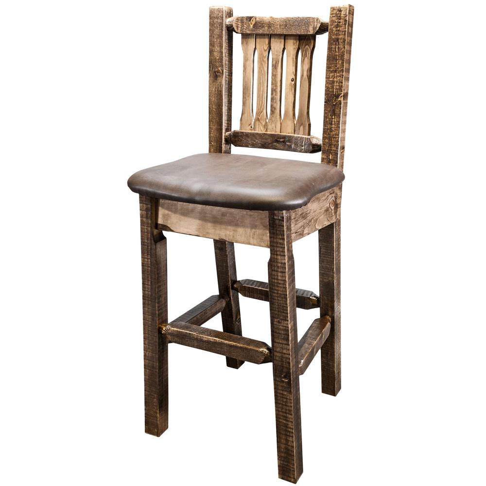 Homestead Collection Counter Height Barstool w/ Back - Saddle Upholstery, Stain & Lacquer Finish. Picture 2