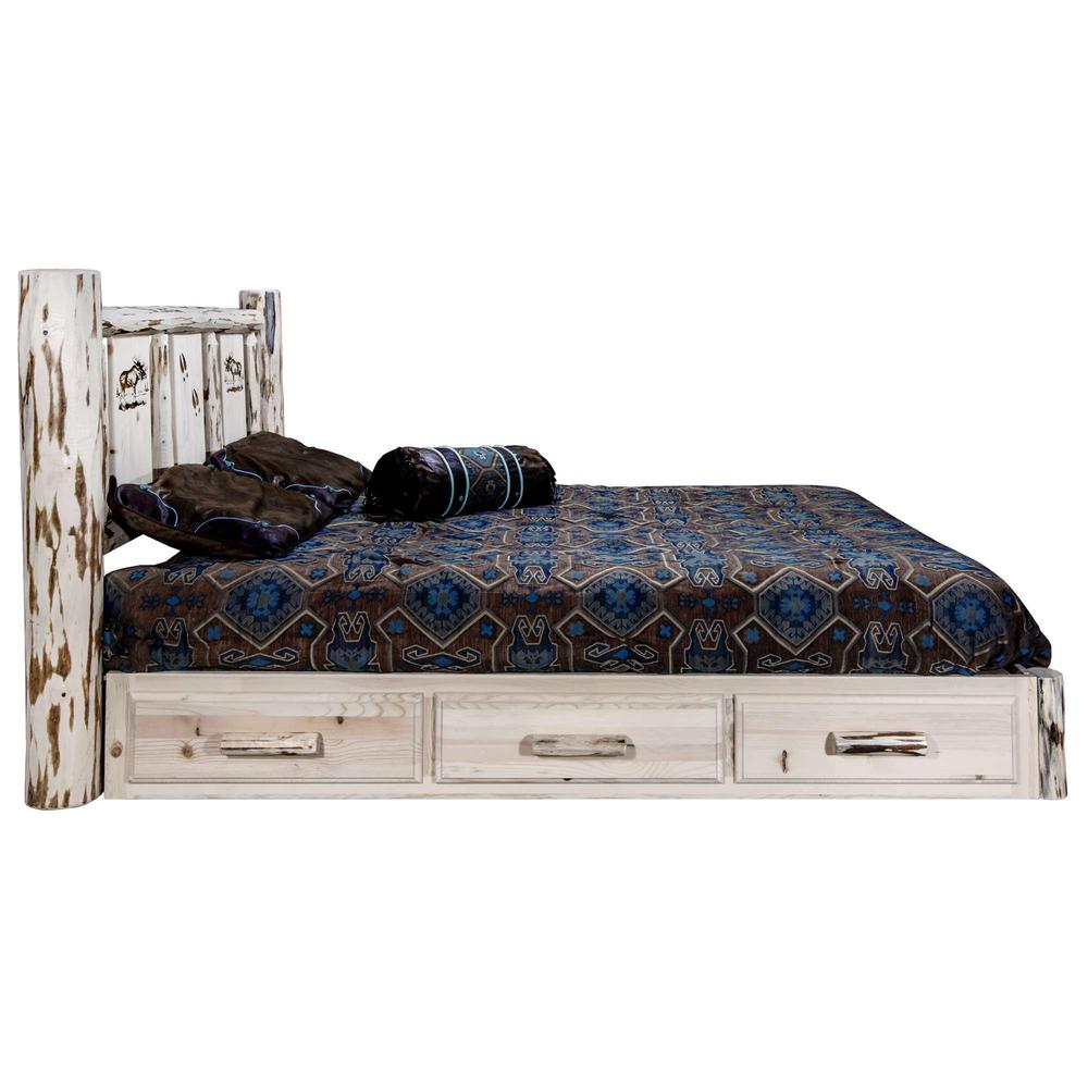 Montana Collection Platform Bed w/ Storage, King w/ Laser Engraved Moose Design, Clear Lacquer Finish. Picture 4
