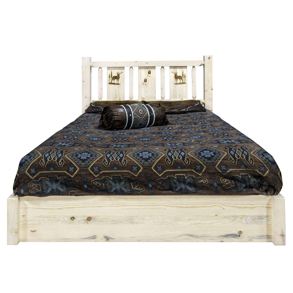 Homestead Collection Platform Bed w/ Storage, California King w/ Laser Engraved Elk Design, Clear Lacquer Finish. Picture 2