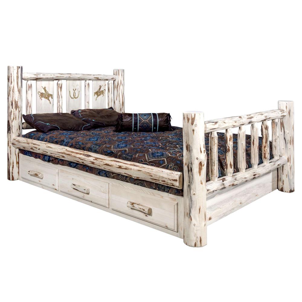 Montana Collection California King Storage Bed w/ Laser Engraved Bronc Design, Clear Lacquer Finish. Picture 1