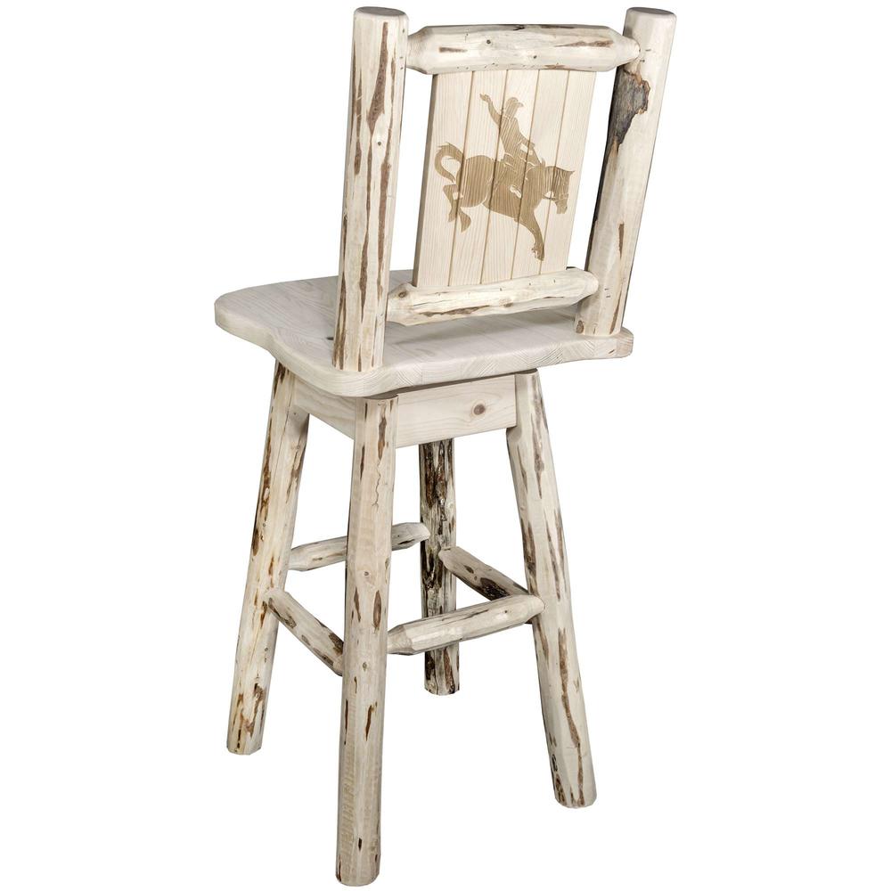 Montana Collection Counter Height Barstool w/ Back & Swivel w/ Laser Engraved Bronc Design, Clear Lacquer Finish. Picture 1