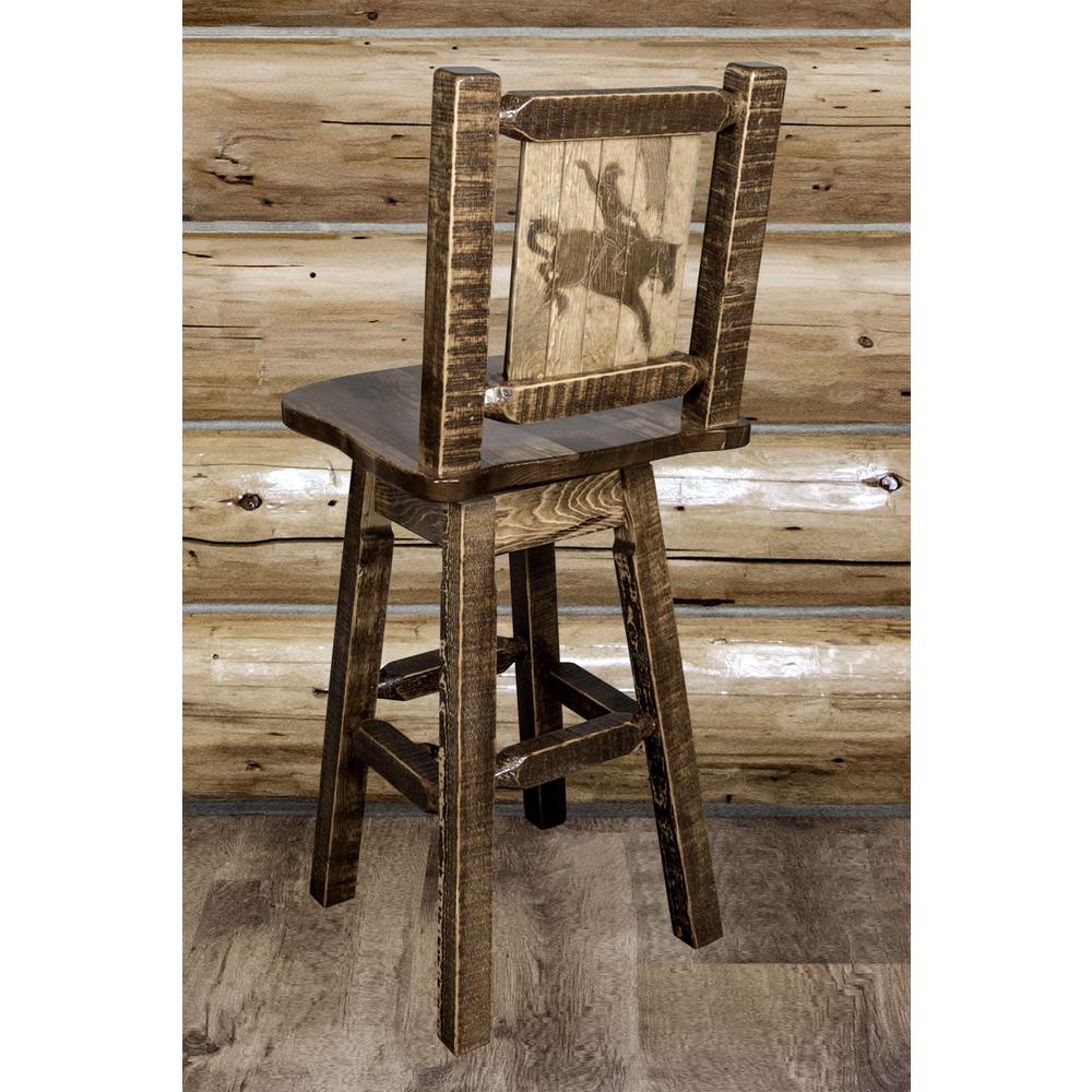Homestead Collection Counter Height Barstool w/ Back & Swivel w/ Laser Engraved Bronc Design, Stain & Lacquer Finish. Picture 6