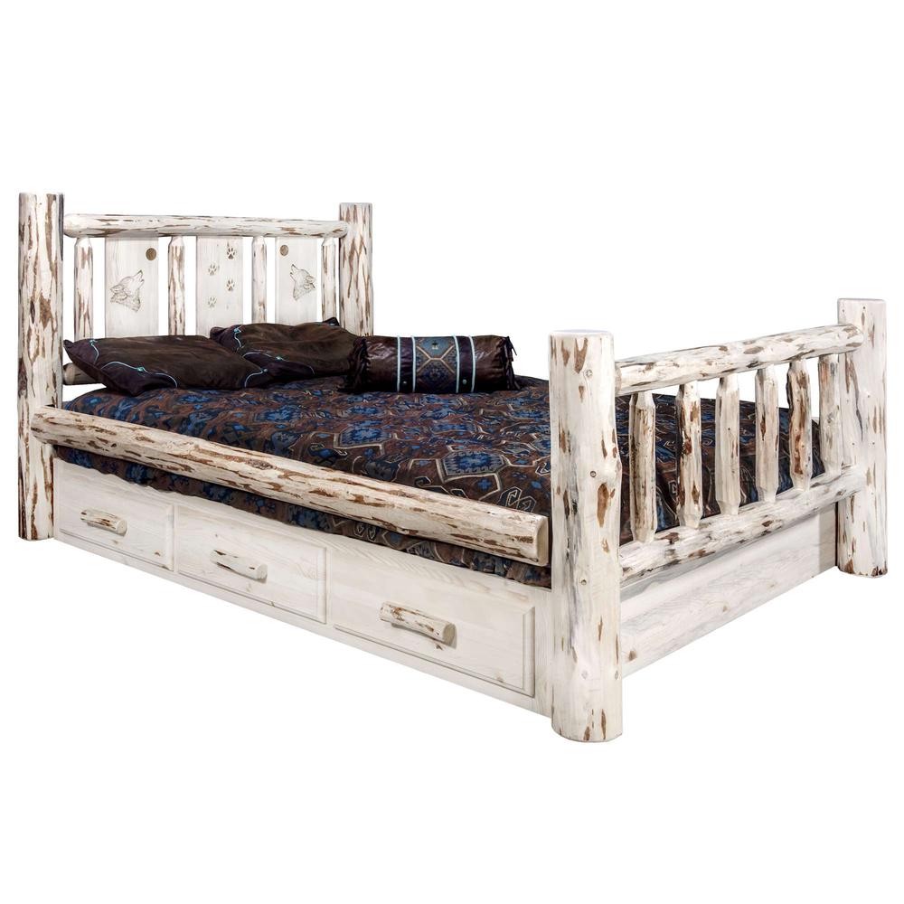 Montana Collection Twin Storage Bed w/ Laser Engraved Wolf Design, Clear Lacquer Finish. Picture 1
