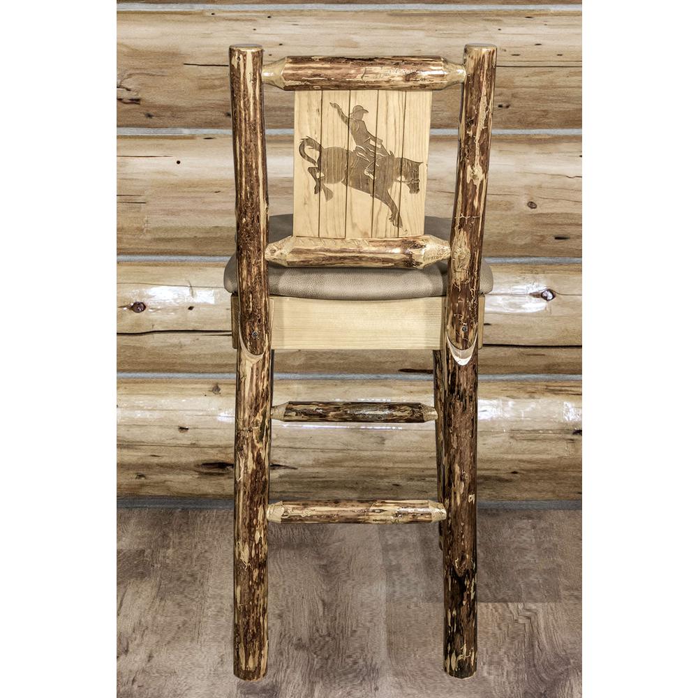 Glacier Country Collection Counter Height Barstool w/ Back - Buckskin Upholstery, w/ Laser Engraved Bronc Design. Picture 7