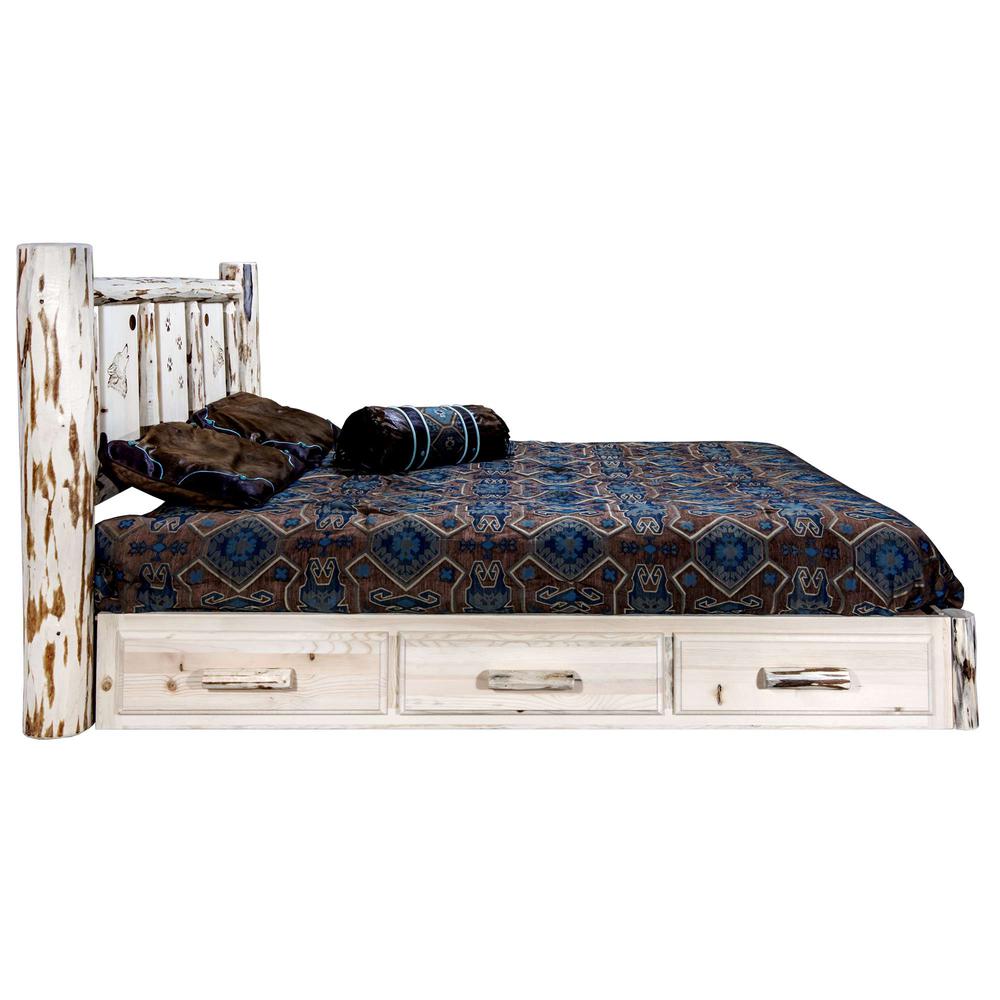 Montana Collection Platform Bed w/ Storage, Queen w/ Laser Engraved Wolf Design, Clear Lacquer Finish. Picture 4