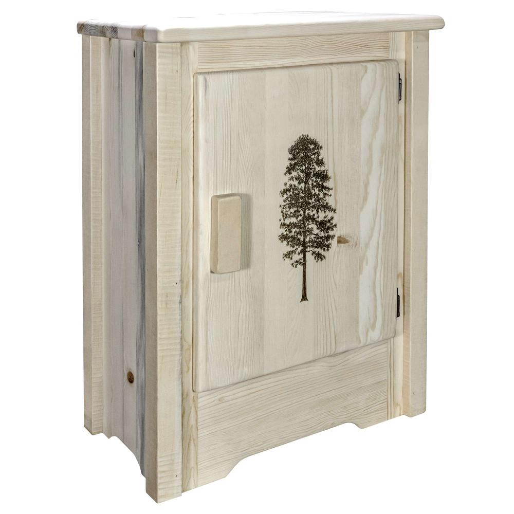 Homestead Collection Accent Cabinet w/ Laser Engraved Pine Design, Right Hinged, Clear Lacquer Finish. Picture 3