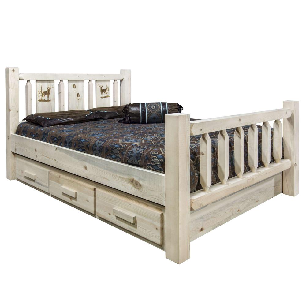 Homestead Collection King Storage Bed w/ Laser Engraved Elk Design, Clear Lacquer Finish. Picture 1