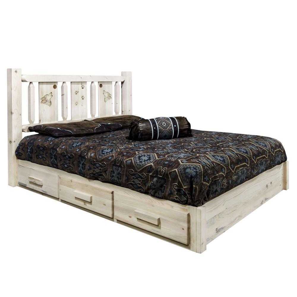 Homestead Collection Platform Bed w/ Storage, King w/ Laser Engraved Wolf Design, Clear Lacquer Finish. Picture 1