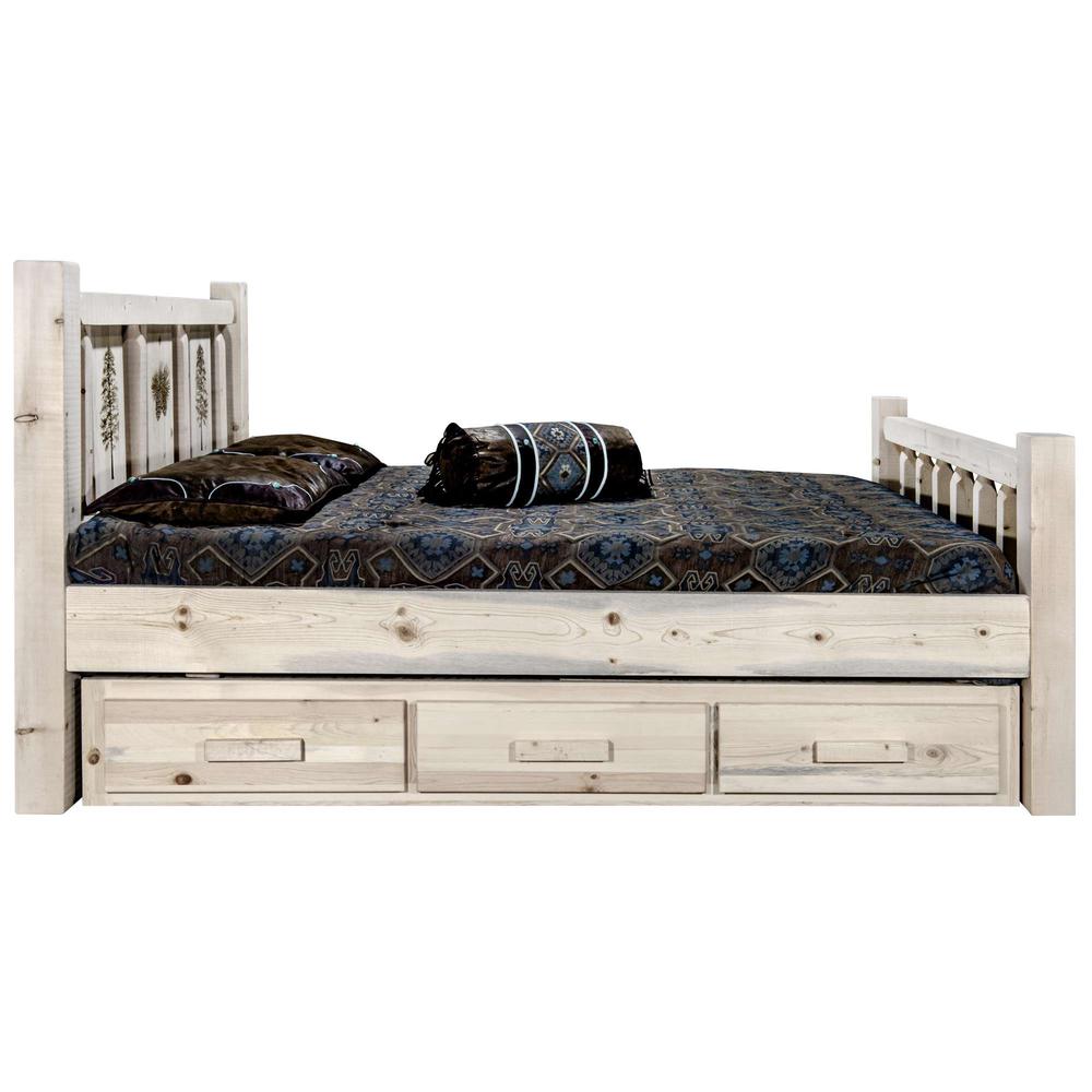 Homestead Collection California King Storage Bed w/ Laser Engraved Pine Design, Clear Lacquer Finish. Picture 4