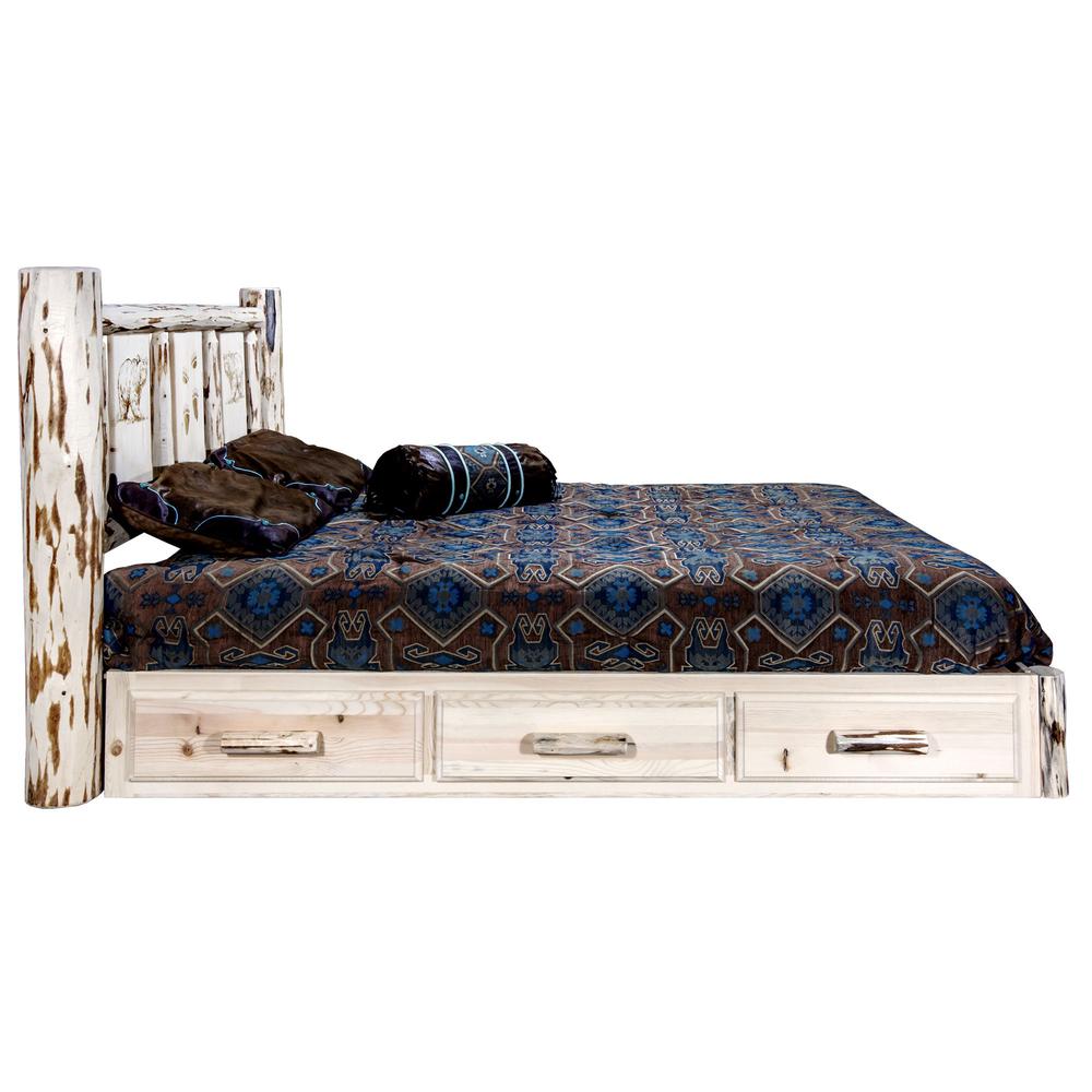 Montana Collection Platform Bed w/ Storage, Queen w/ Laser Engraved Bear Design, Clear Lacquer Finish. Picture 4