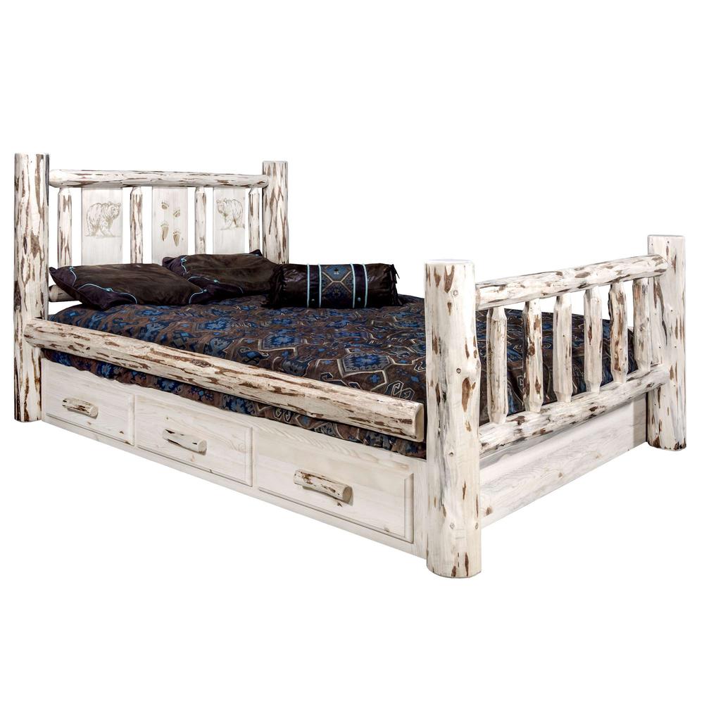 Montana Collection California King Storage Bed w/ Laser Engraved Bear Design, Clear Lacquer Finish. Picture 1