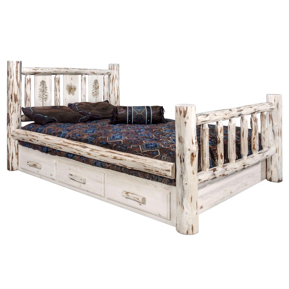 Montana Collection King Storage Bed w/ Laser Engrave Pine Design, Clear Lacquer Finish. Picture 1