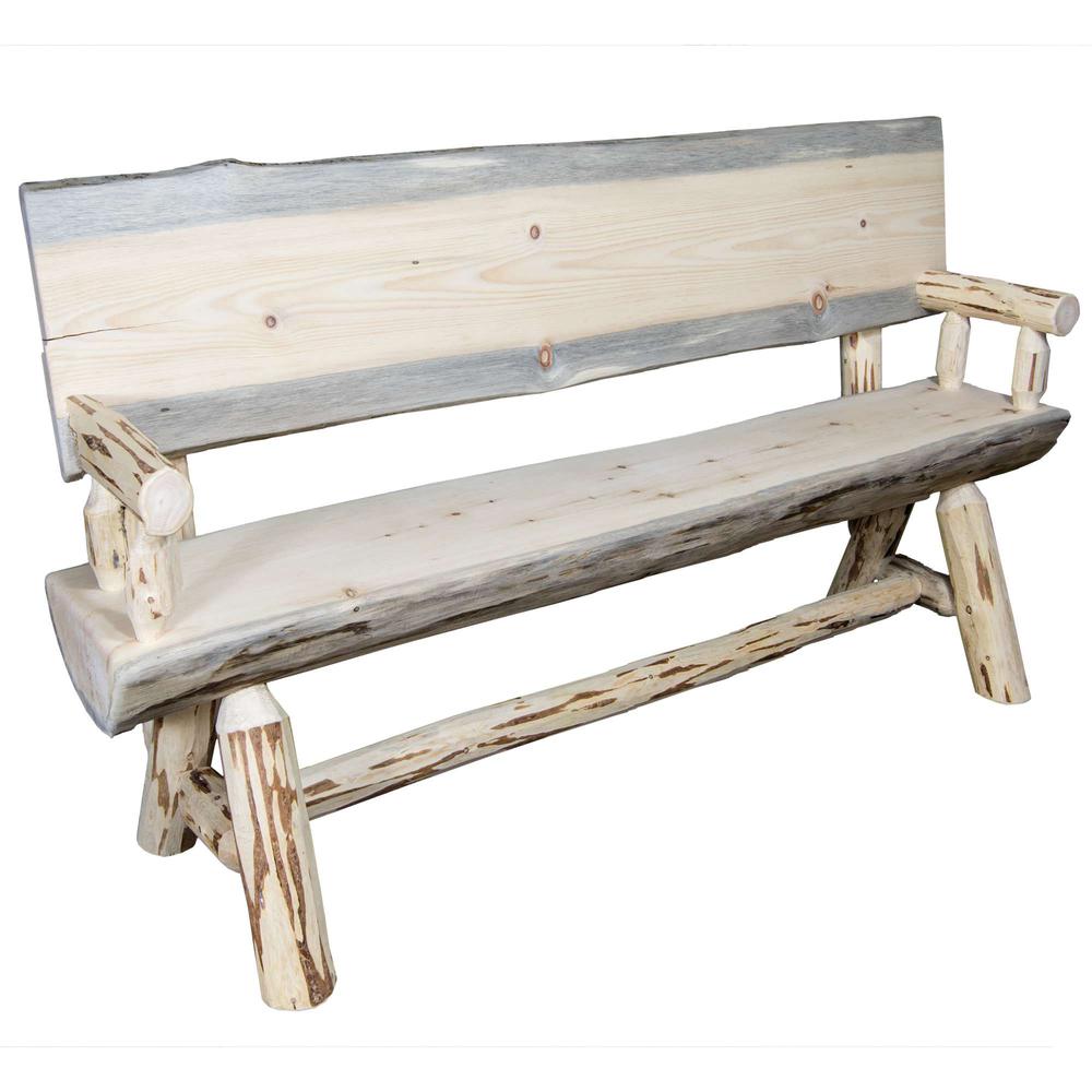 Montana Collection Half Log Bench w/ Back & Arms, Clear Lacquer Finish, 4 Foot. Picture 1