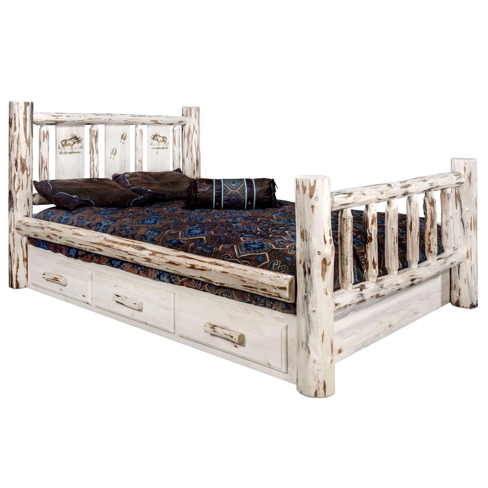 Montana Collection King Storage Bed w/ Laser Engraved Moose Design, Clear Lacquer Finish. Picture 1