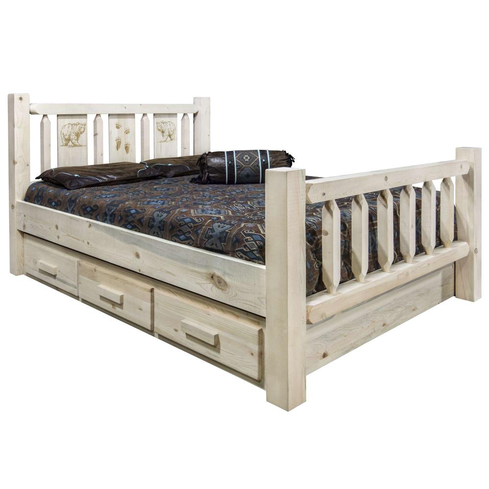 Homestead Collection California King Storage Bed w/ Laser Engraved Bear Design, Clear Lacquer Finish. Picture 1