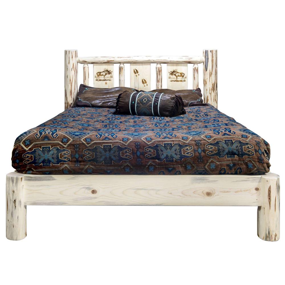 Montana Collection King Platform Bed w/ Laser Engraved Moose Design, Clear Lacquer Finish. Picture 2