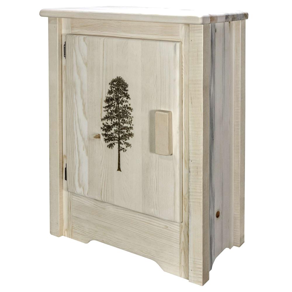 Homestead Collection Accent Cabinet w/ Laser Engraved Pine Design, Left Hinged, Clear Lacquer Finish. Picture 3