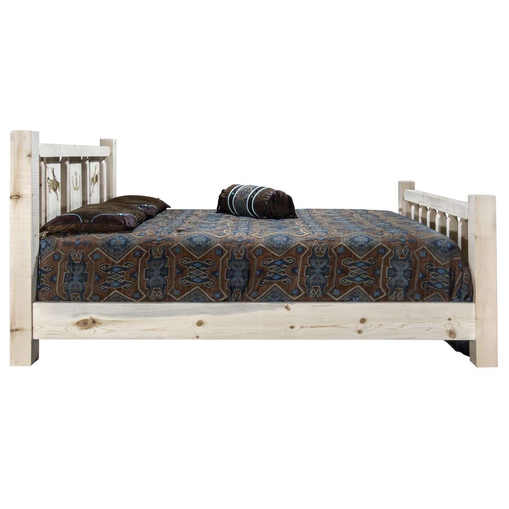 Homestead Collection California King Bed w/ Laser Engraved Bronc Design, Clear Lacquer Finish. Picture 4
