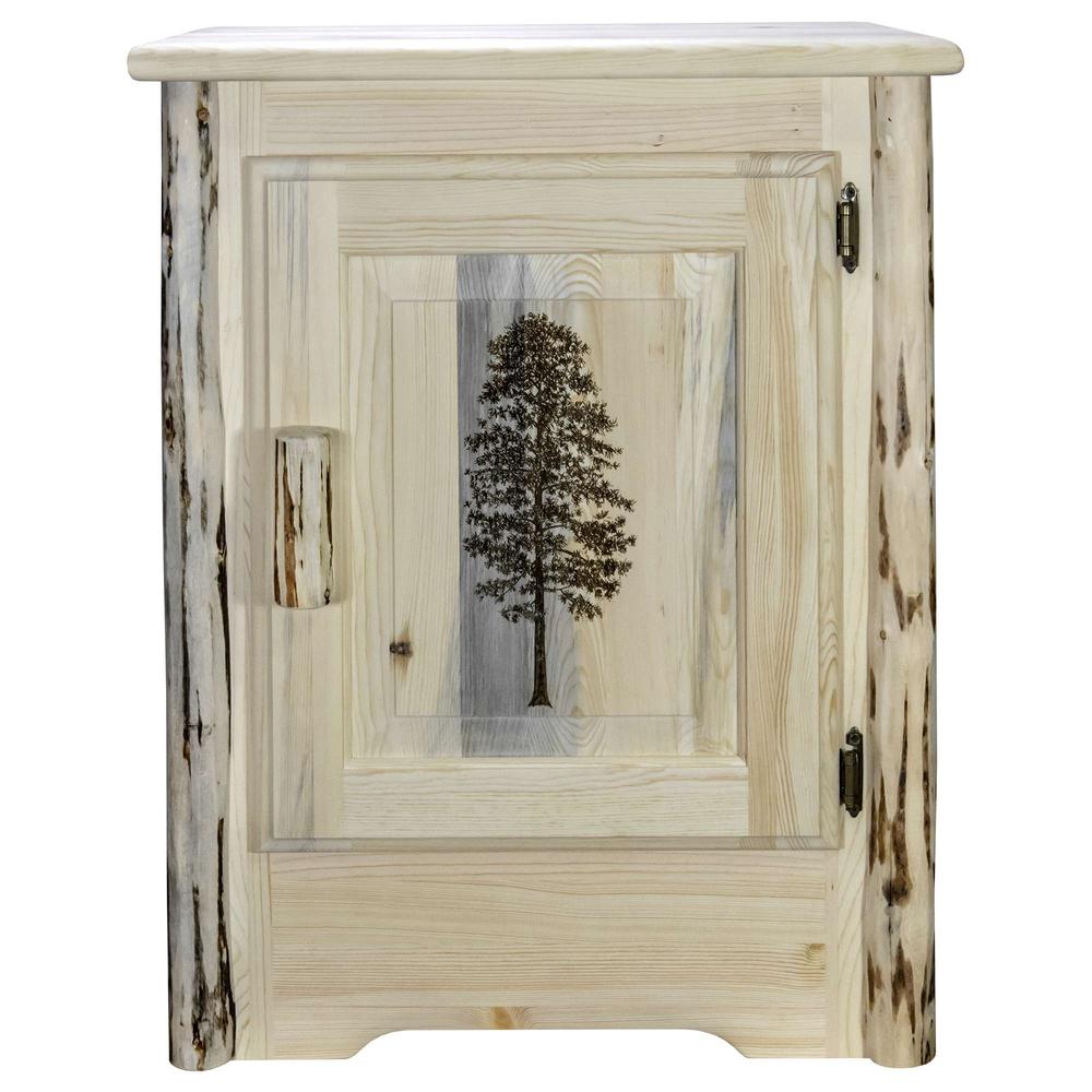 Montana Collection Accent Cabinet w/ Laser Engraved Pine Design, Right Hinged, Clear Lacquer Finish. Picture 2