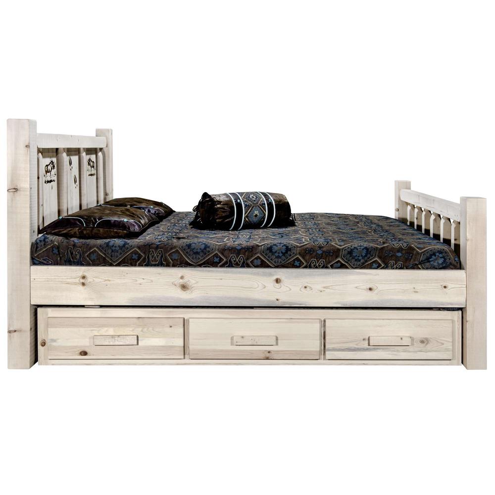 Homestead Collection California King Storage Bed w/ Laser Engraved Moose Design, Clear Lacquer Finish. Picture 4