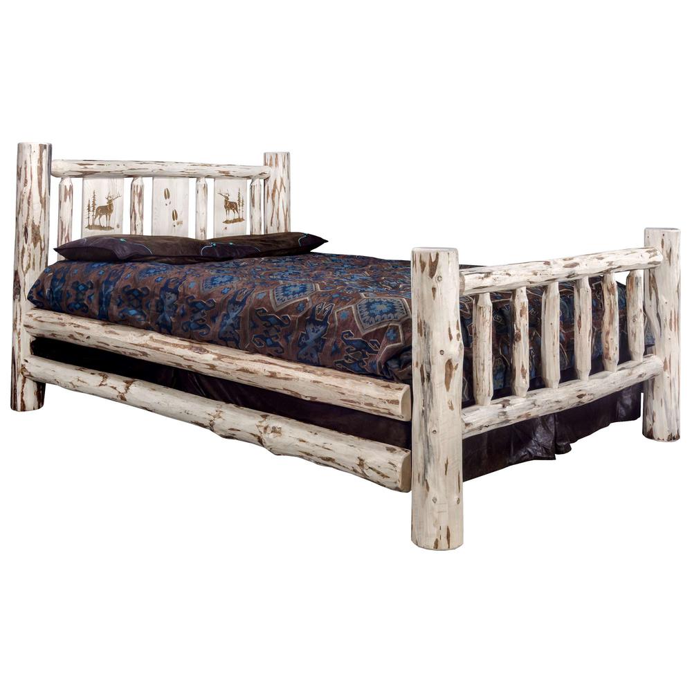 Montana Collection Queen Bed w/ Laser Engraved Elk Design, Clear Lacquer Finish. Picture 1
