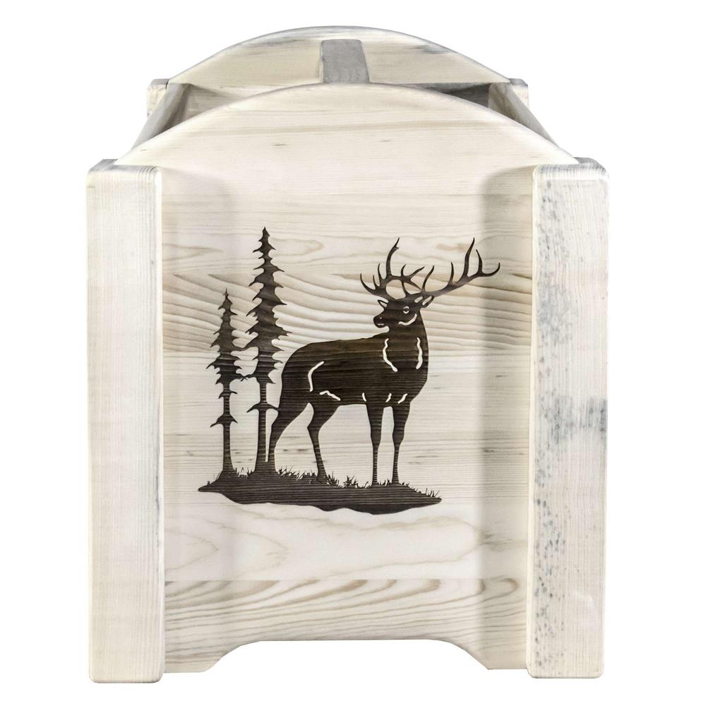 Homestead Collection Magazine Rack w/ Laser Engraved Elk Design, Clear Lacquer Finish. Picture 2