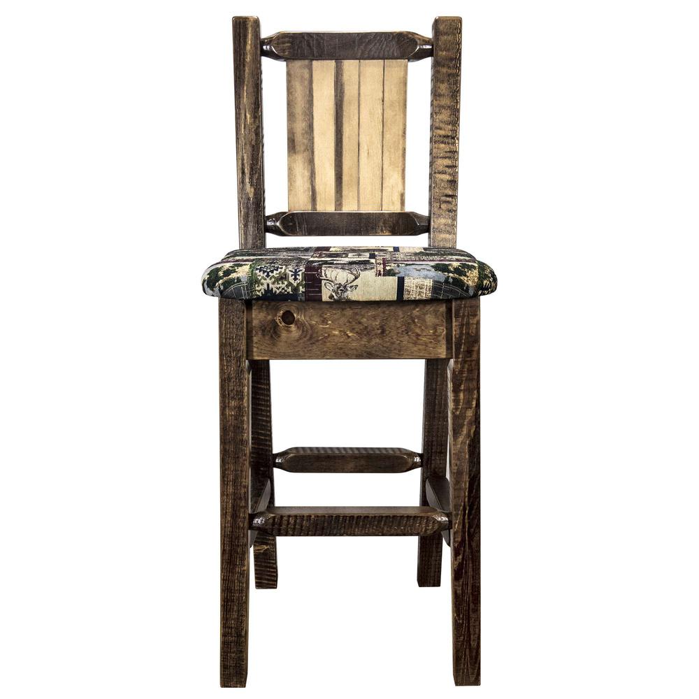 Homestead Collection Counter Height Barstool w/ Back - Woodland Upholstery, w/ Laser Engraved Bronc Design. Picture 4