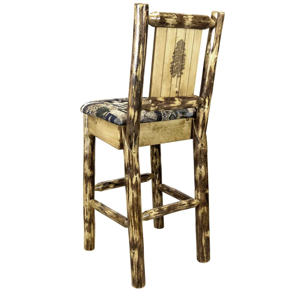 Glacier Country Collection Counter Height Barstool w/ Back - Woodland Upholstery, w/ Laser Engraved Pine Tree Design. Picture 1