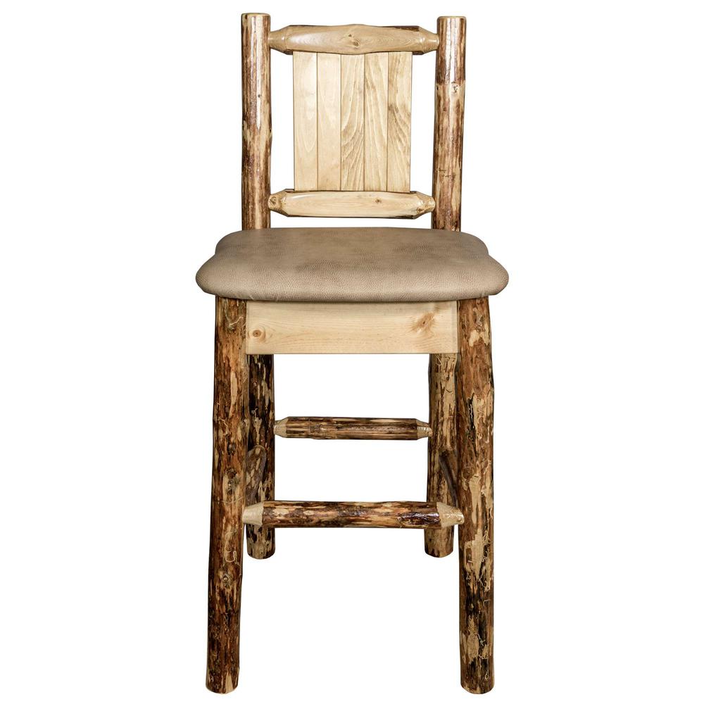 Glacier Country Collection Counter Height Barstool w/ Back - Buckskin Upholstery, w/ Laser Engraved Bronc Design. Picture 4