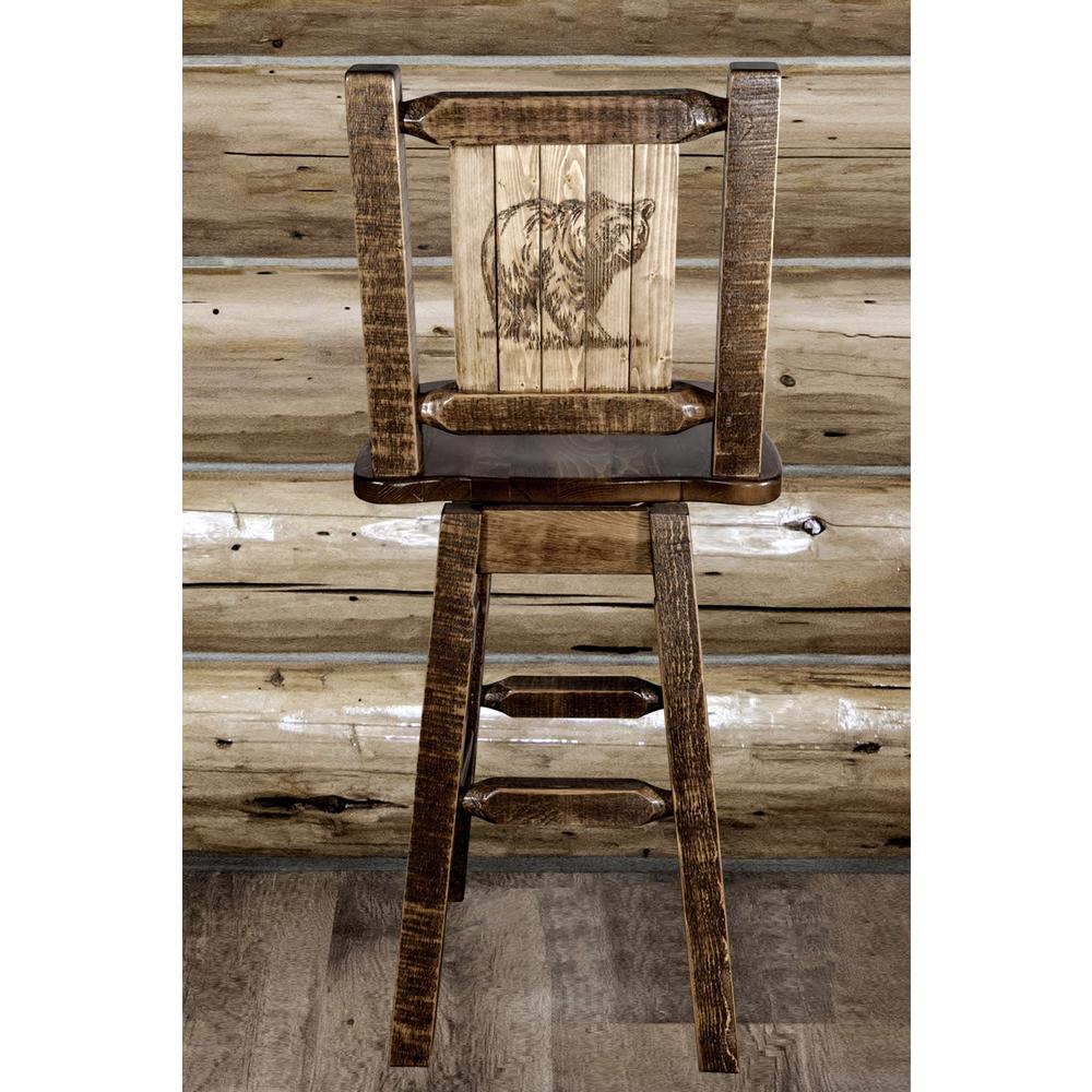 Homestead Collection Counter Height Barstool w/ Back & Swivel w/ Laser Engraved Bear Design, Stain & Lacquer Finish. Picture 7