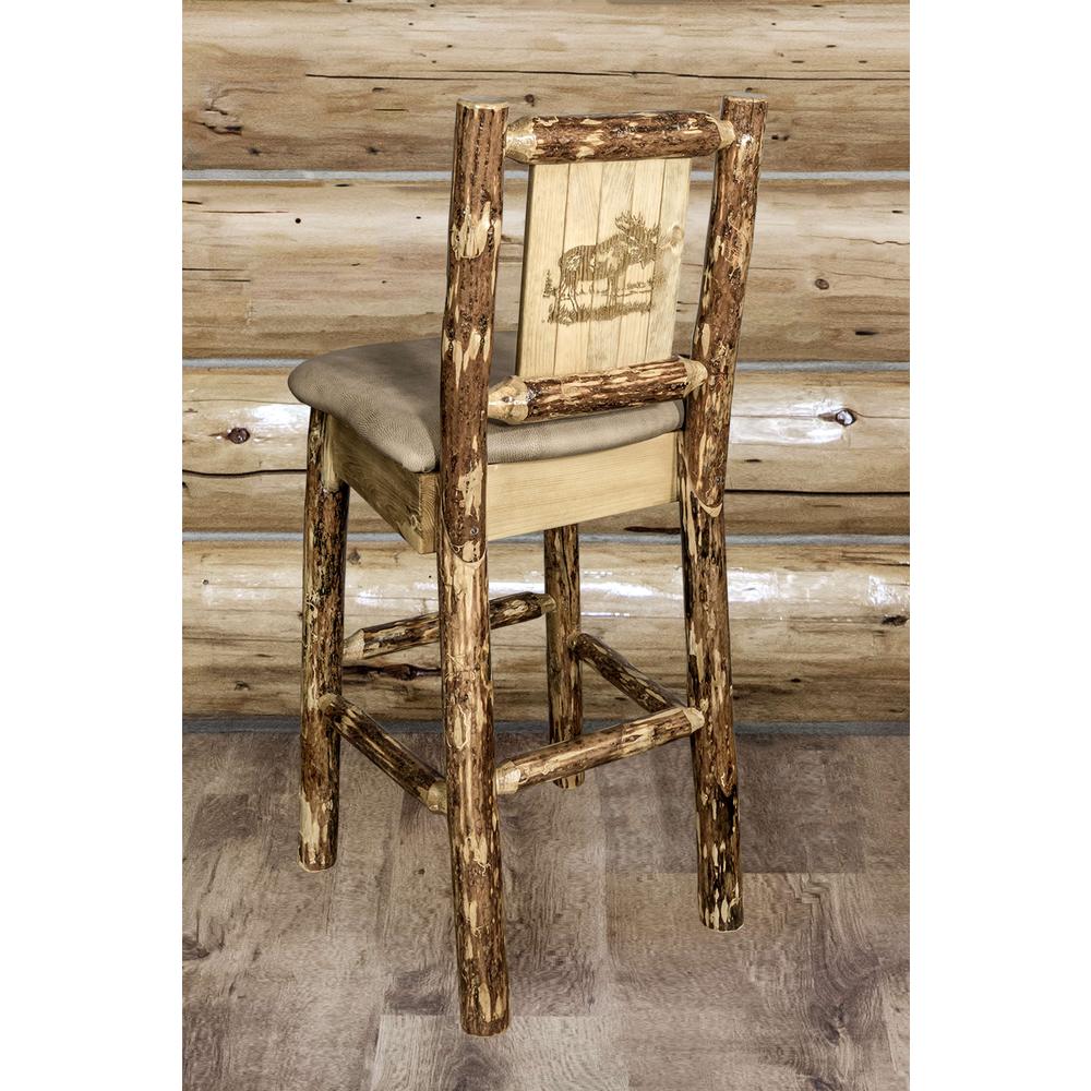 Glacier Country Collection Counter Height Barstool w/ Back - Buckskin Upholstery, w/ Laser Engraved Moose Design. Picture 6