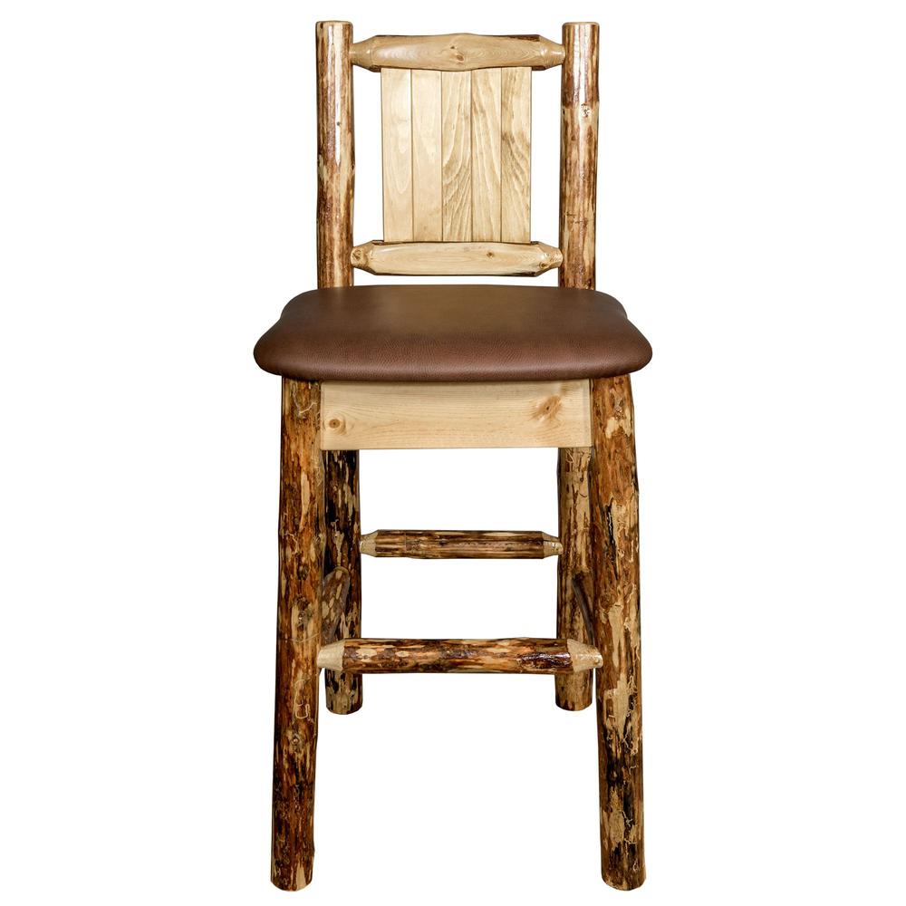 Glacier Country Collection Counter Height Barstool w/ Back - Saddle Upholstery, w/ Laser Engraved Elk Design. Picture 4