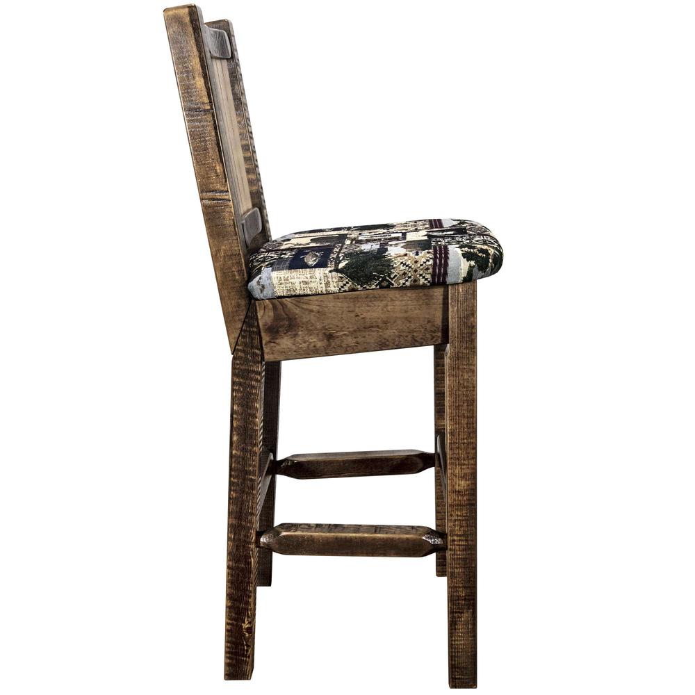 Homestead Collection Counter Height Barstool w/ Back - Woodland Upholstery, w/ Laser Engraved Pine Tree Design. Picture 5