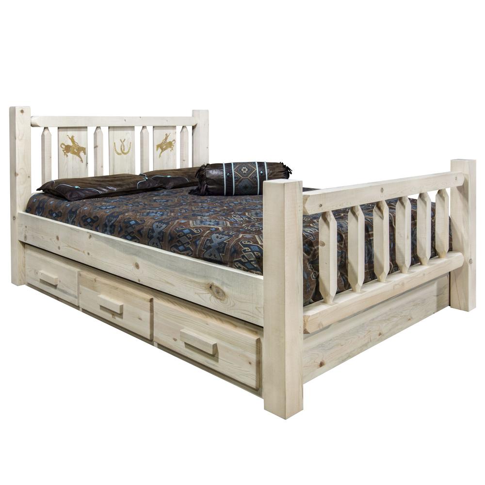 Homestead Collection Twin Storage Bed w/ Laser Engraved Bronc Design, Clear Lacquer Finish. Picture 1