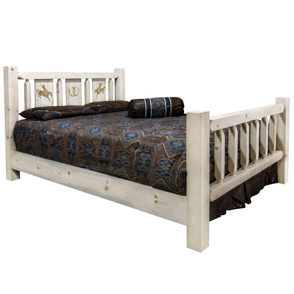 Homestead Collection California King Bed w/ Laser Engraved Bronc Design, Clear Lacquer Finish. Picture 1