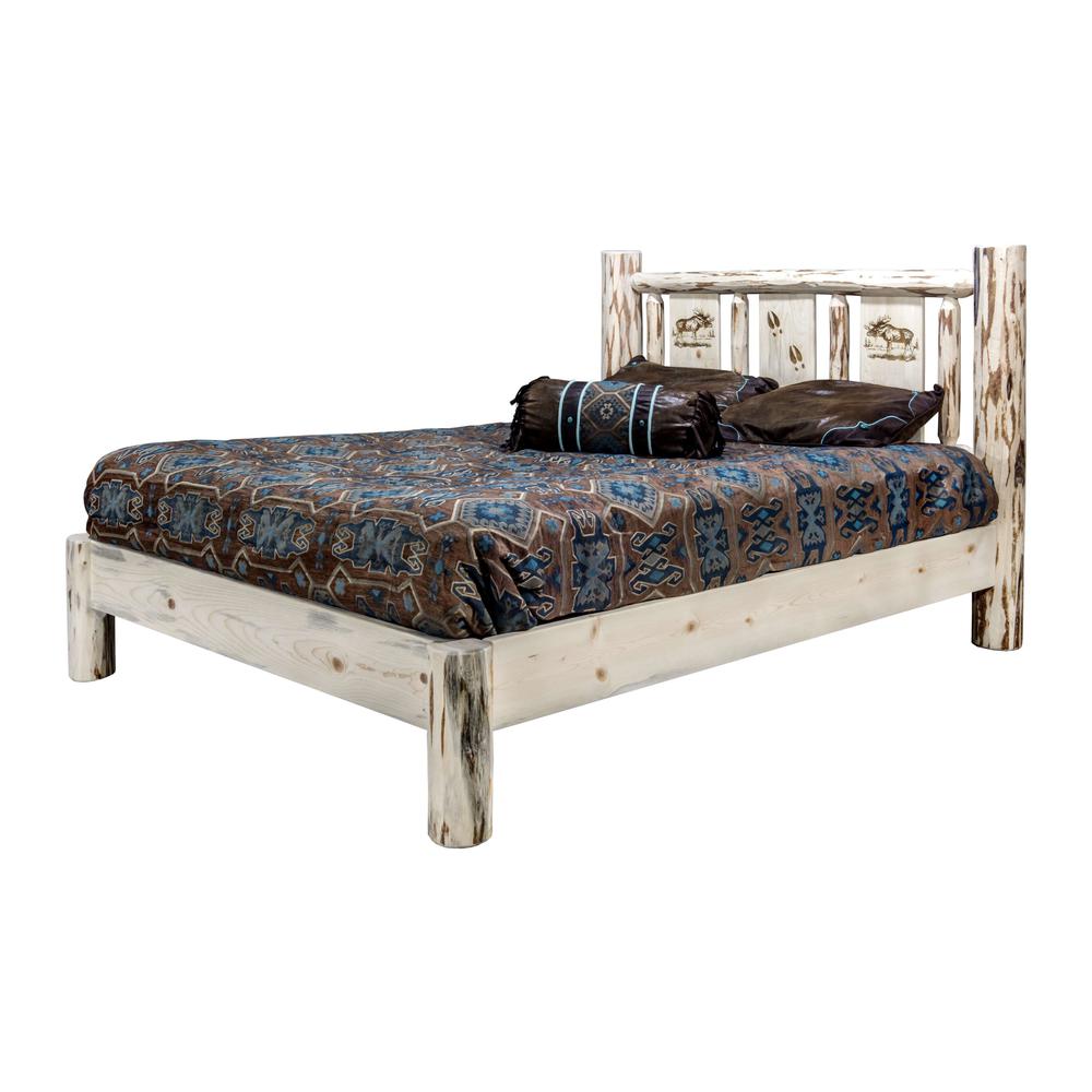 Montana Collection California King Platform Bed w/ Laser Engraved Moose Design, Clear Lacquer Finish. Picture 3